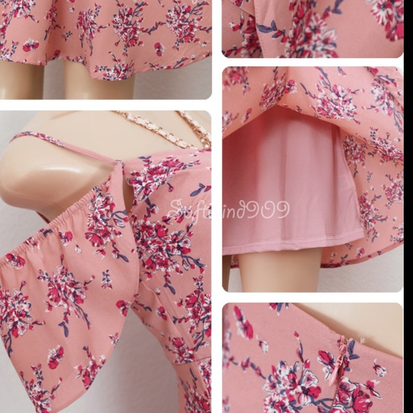 Blush Pink Floral Flutter Off Shoulder Cute Dress - Picture 5 of 8